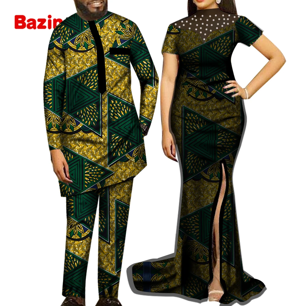 African Couple Matching Clothes Handmade Men Shirt Suit Women Dress with Pearls Black Chiffion Wedding Outfits Lady Wears WYQ726