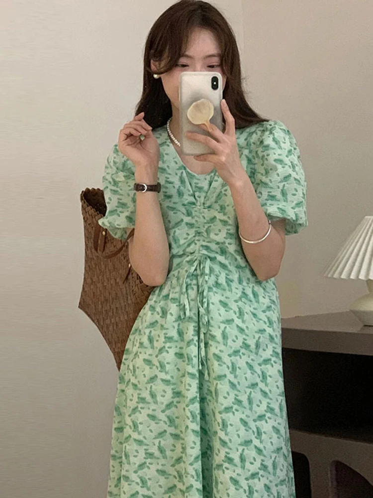 

Новое корейское шикарное летнее зеленое платье, женское нежное элегантное приталенное Плиссированное многослойное платье с квадратным вы...