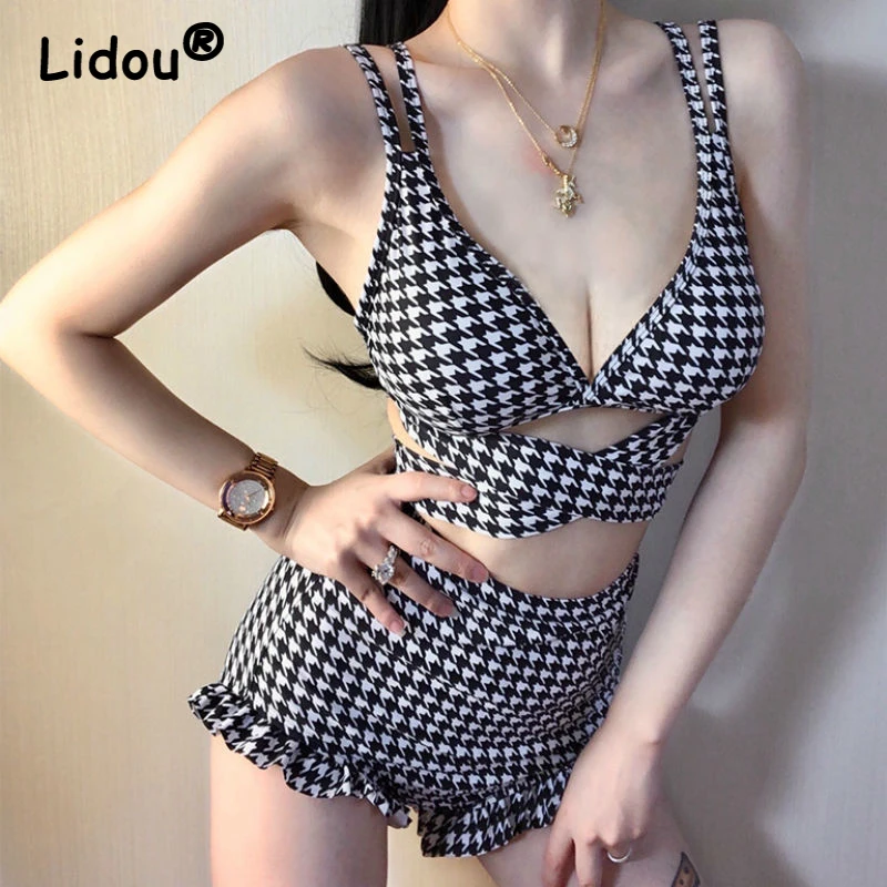 Летний модный сексуальный купальник в стиле ретро с рисунком гусиные лапки на