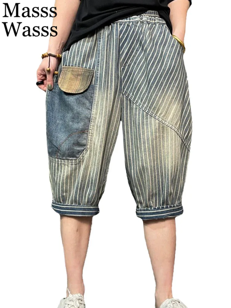 

Шорты Masss Wasss женские с дырками, Модные свободные штаны из денима в полоску, повседневные винтажные Джинсовые классические брюки-султанки, лето 2023