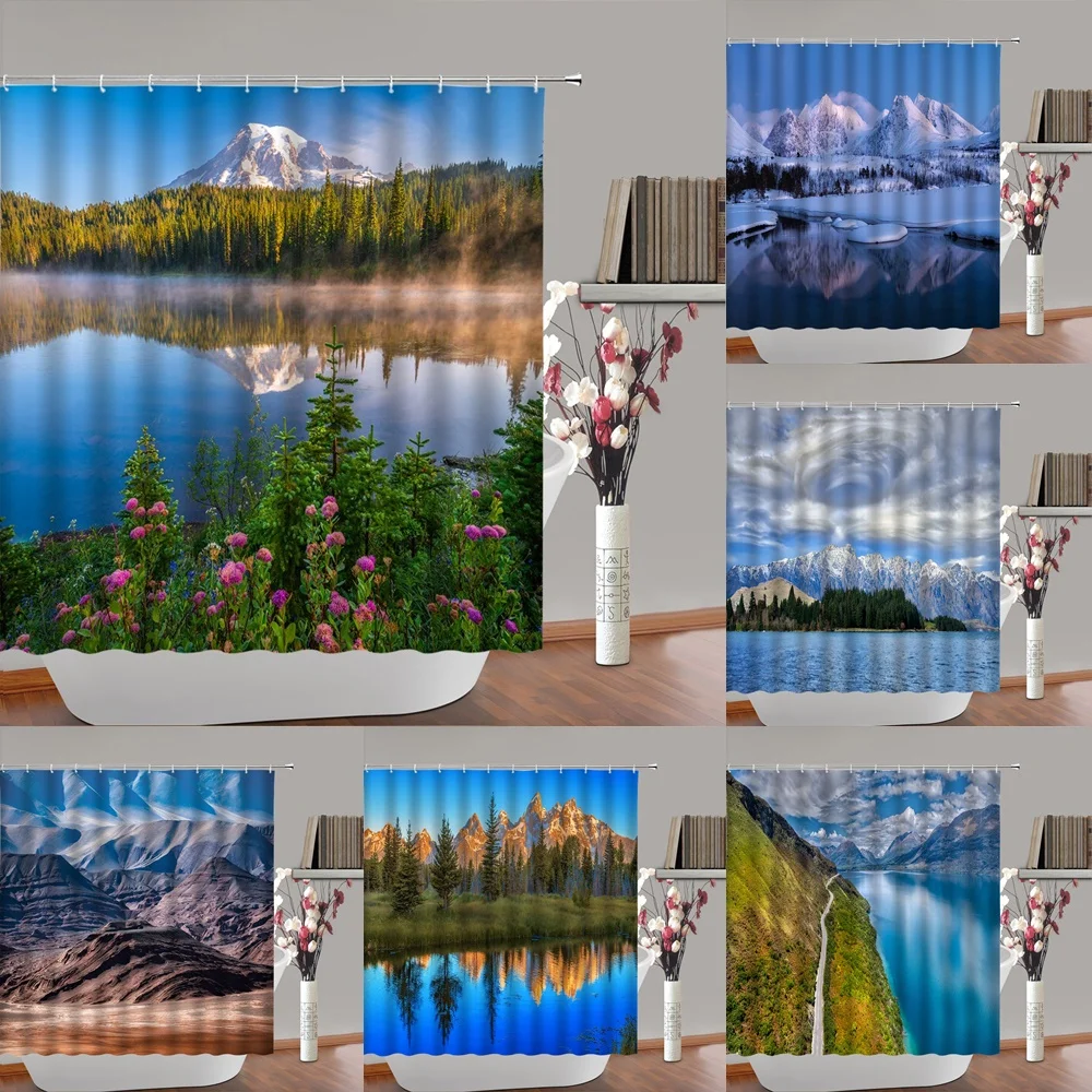 

Landscape Shower Curtain Scenic Mountain Flowers Lake Natural Scenery Forest Tree Reflection Polyester Fabric Bathroom Curtains