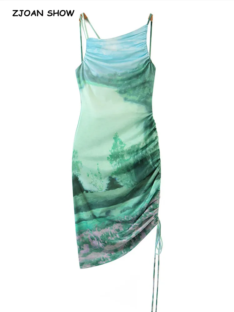 

2022 Sexy Ruched Gradient Tie Dye Print Sling Dress Women Retro Side Ruched Lacing up Backless Package Hip Bodycon Dresses