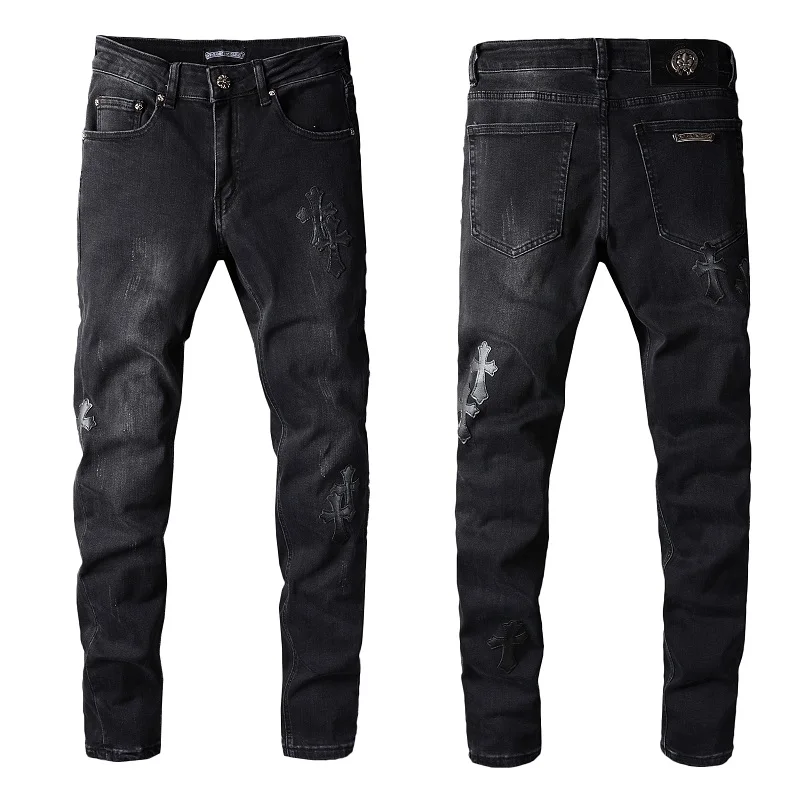 2022 New High Street Slim Jeans For Men Leather Cross Printing Retro Washed Frayed Jeans Grey Whit