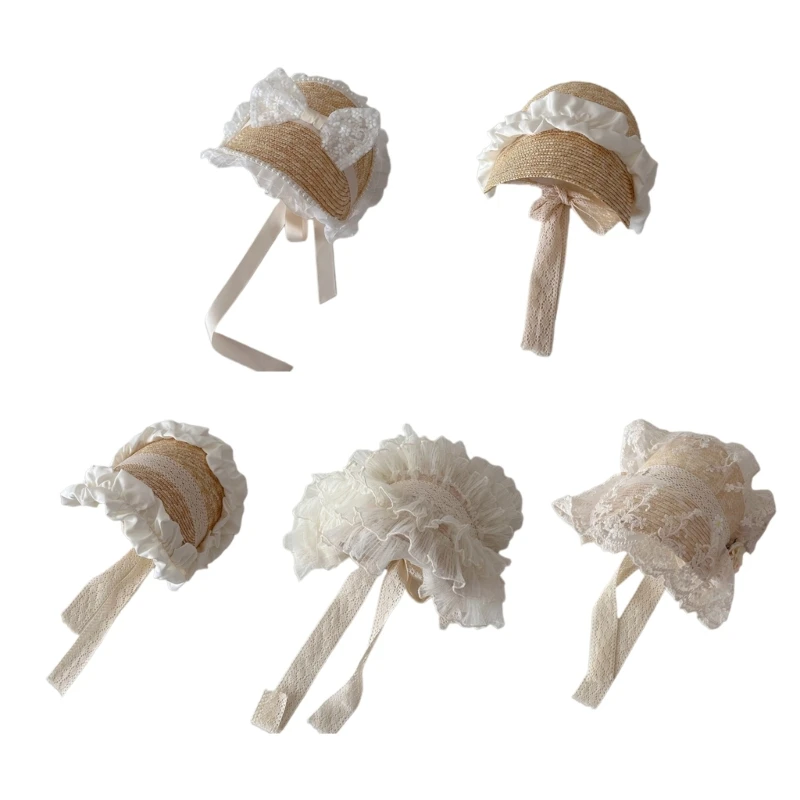 

Baby Girl French Style Straw Hat Christening Lace Hat 3-7Y Girl Spring Headwear
