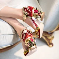 Red Velvet Flower Heels Woman Shoes Retro Birdcage Applique Embroidery Sandals Shoes String Bead Ankle Strap Runway Shoes