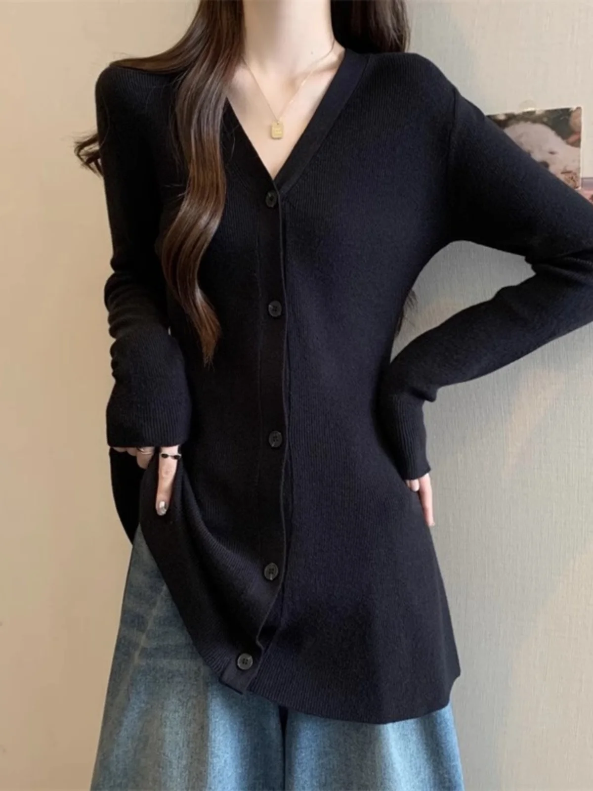 Plus size Autumn and Winter Long sleeve Design Sense Mid-Length V-neck Knit cardigan Women Chubby Girl Slimming Slim fit Bott...