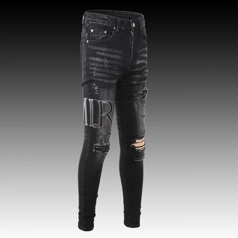 High Street Fashion Men Jeans Black Gray Elastic Destroyed Slim Ripped Jeans Homme Brand Patch Designer Hip Hop Punk Pants Men