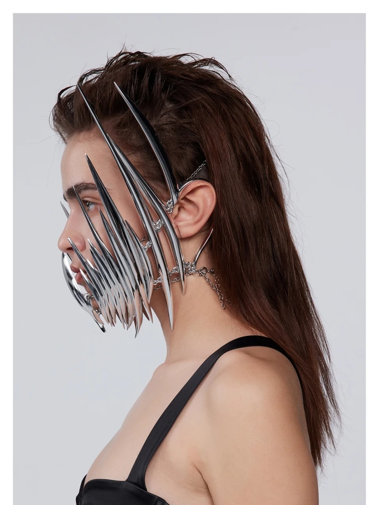 Luxury Cyber Punk Rock Mask Liquid Irregular Silver Color Hollow Exaggerate Facial Earring For Women Men Party Perform Jewelry