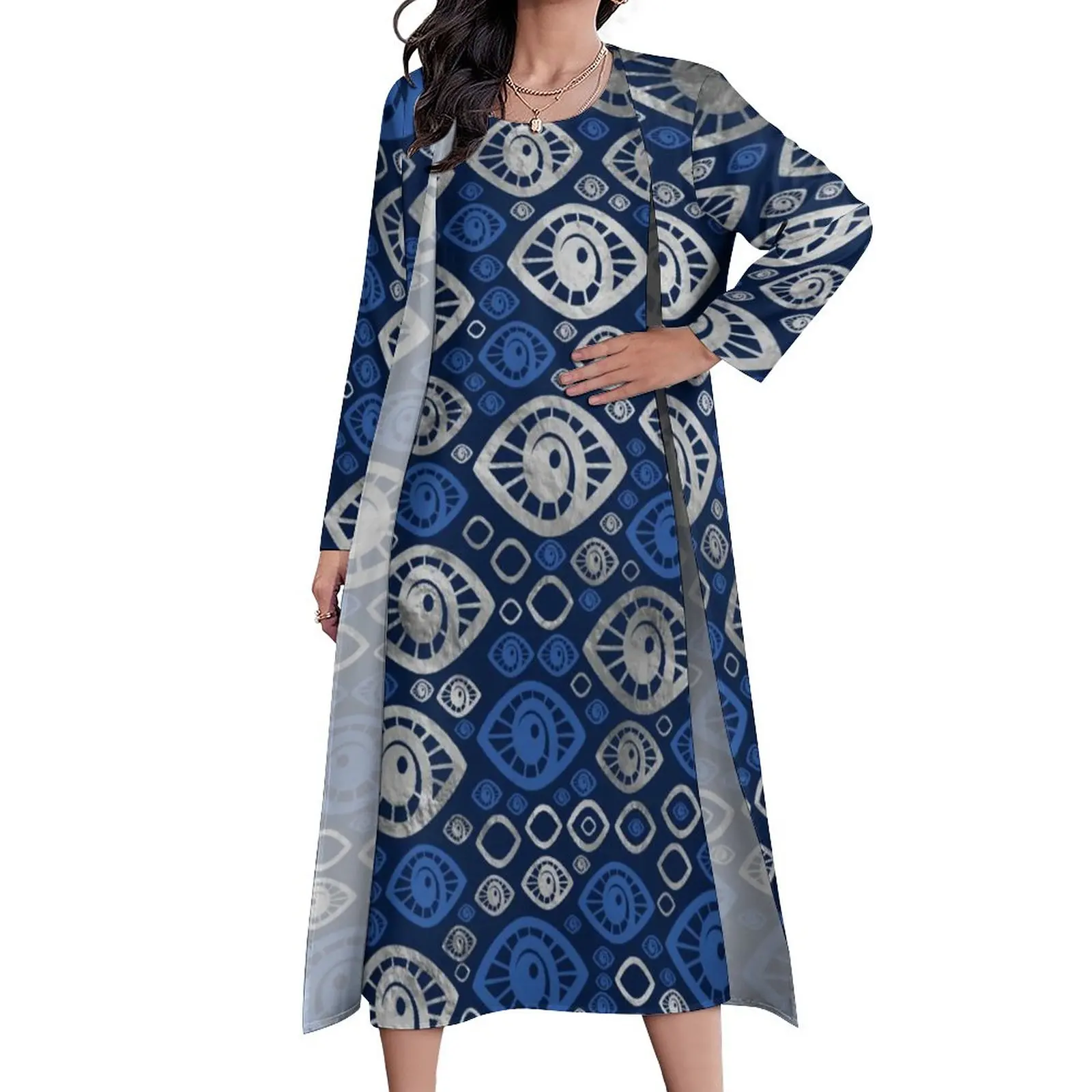 

Greek Amulet Evil Eye Dress Blues and Silver Eyes Vintage Maxi Dress Long Sleeve Bohemia Long Dresses Aesthetic Oversize Vestido