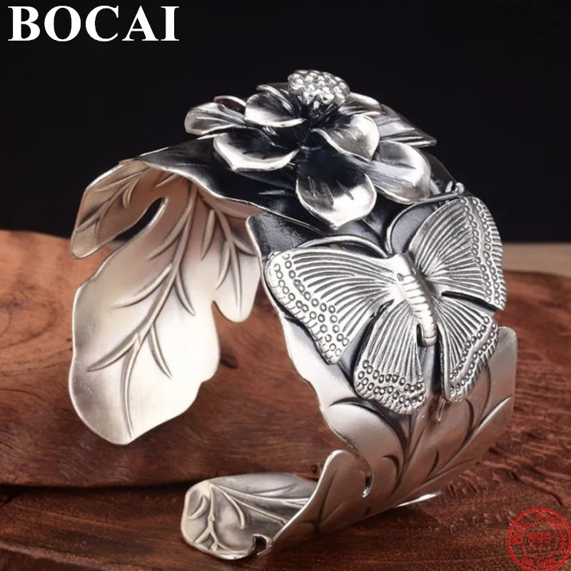 

BOCAI S999 Sterling Silver Bracelets for Women Personality Wide Opening Butterfly Loves Flower Leaf Totem Argentum Bangle