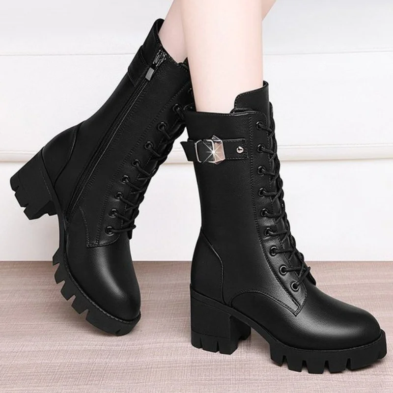 New Winter Boots Women Knee High Long Boots Leather Fashion Lace-Up Snow Boots Non-Slip Black Boots Shoes 2023 New