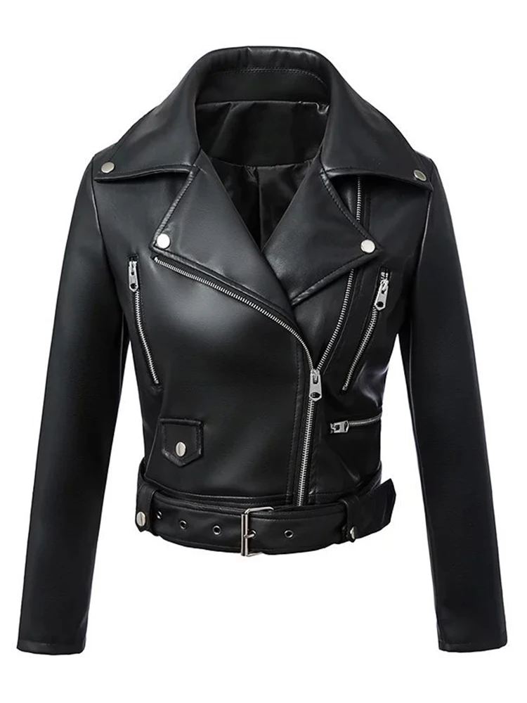 Women Spring Autumn Black Faux Leather Jackets Zipper Basic Coat Turn-down Collar Motor Biker Jacket with Belt Leather Jacket