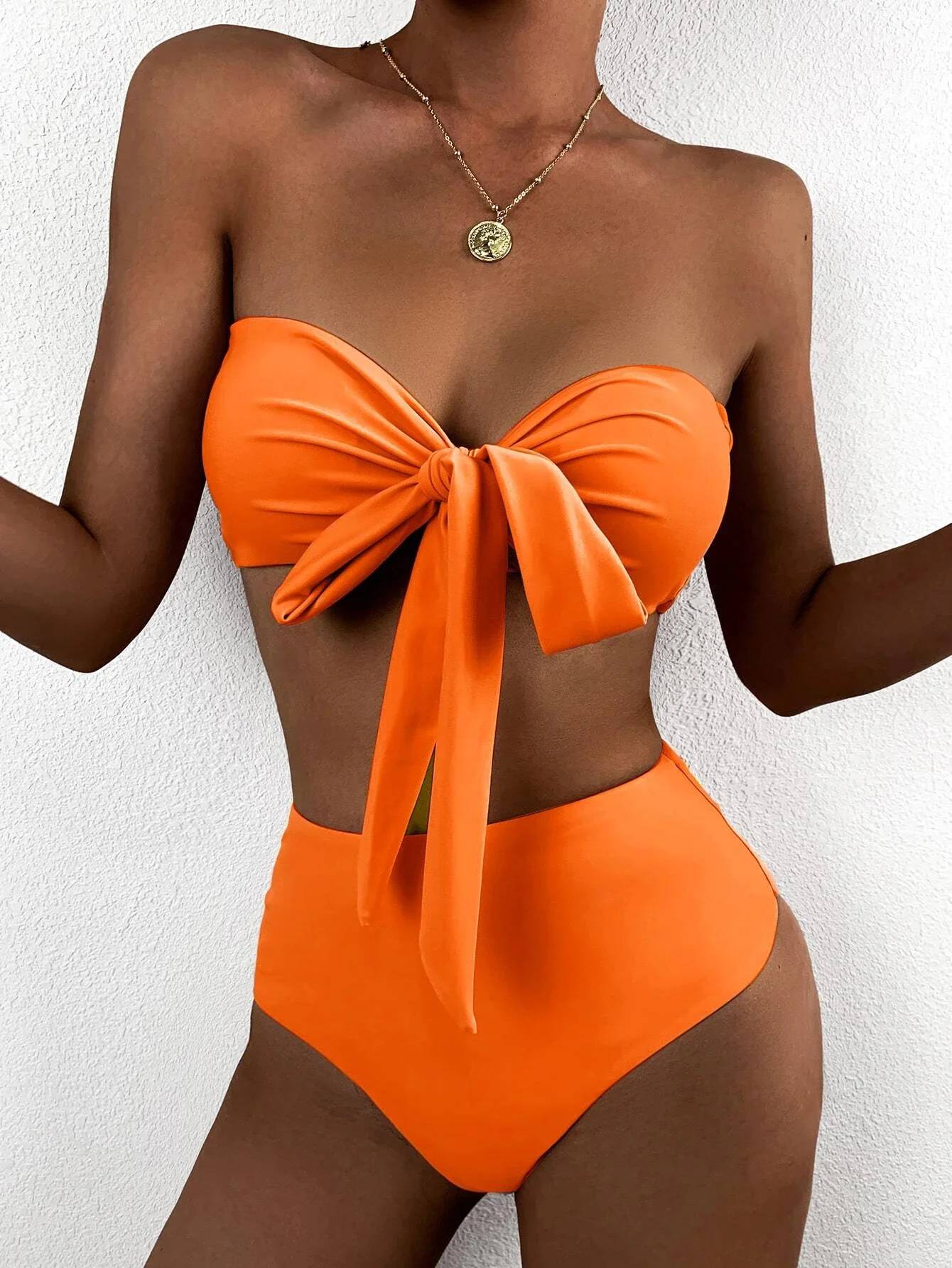 

Knot Front Bandeau High Waisted Bikini Swimsuit Women Two Piece Swimwear Bikini Set 2022 Summer Beach Bathing Suit