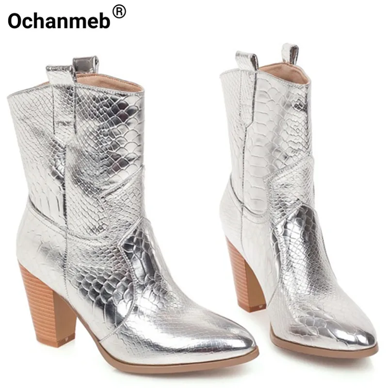 

Ochanmeb Woman Crocodile Leather Silver Boots Chunky High Spike Heels Gold Western Boots Cowboy Cowgirl Shoes Winter Big Size 47