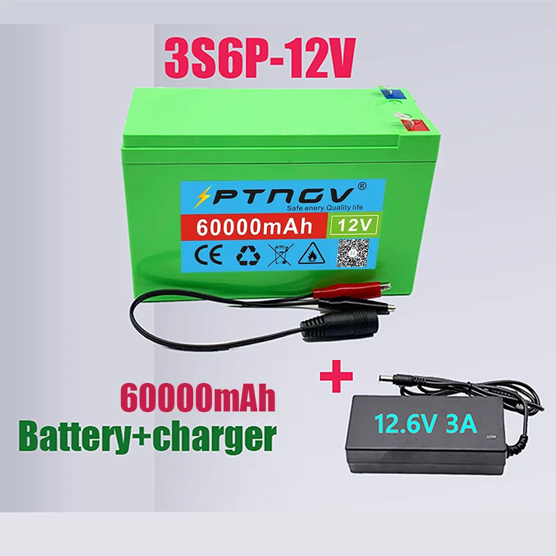 12V 60Ah 18650 lithium battery pack 3S6P built-in high current 20A BMS for sprayers electric vehicle batterie+12.6V charger |