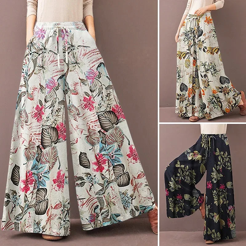 

New Casual Womens Loose Pants Floral Printed Palazzo Pants High Waist Lace Up Wide Leg Casual Female Long Trousers Boho Trousers