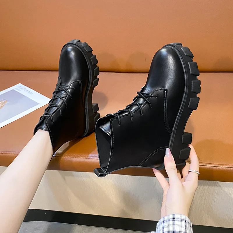 

Spring Autumn Ankle Boots for Women Fashion Casual PU Leather Short Boots Female Black Lacing Platform Shoes Ladies