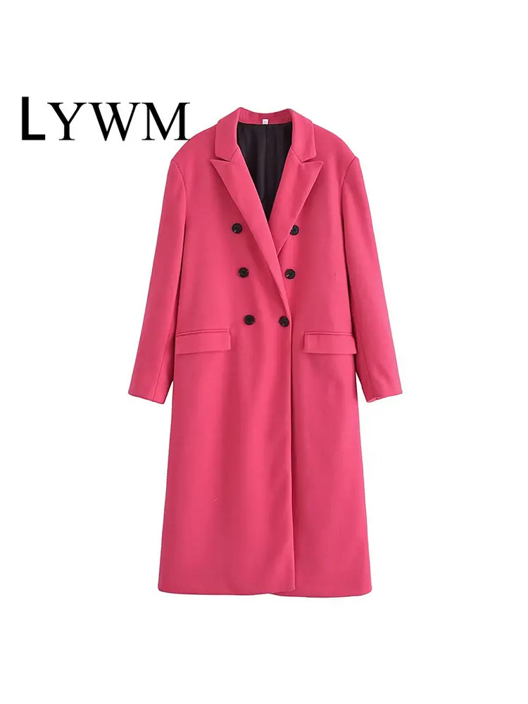 

LYWM Women Fashion Solid Coats With Pockets Vintage Notched Neck Double Breasted Female Chic Lady Outwear
