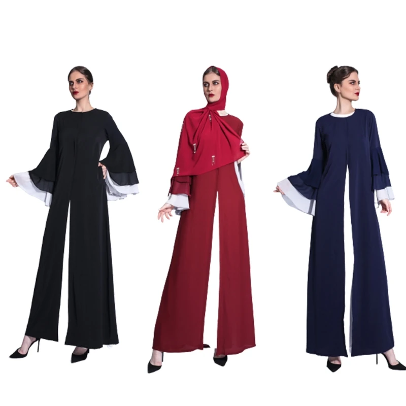 

H9ED Women Muslim Tiered Ruffled Flare Sleeve Open Dress Abaya Kaftan Split Robe Gown