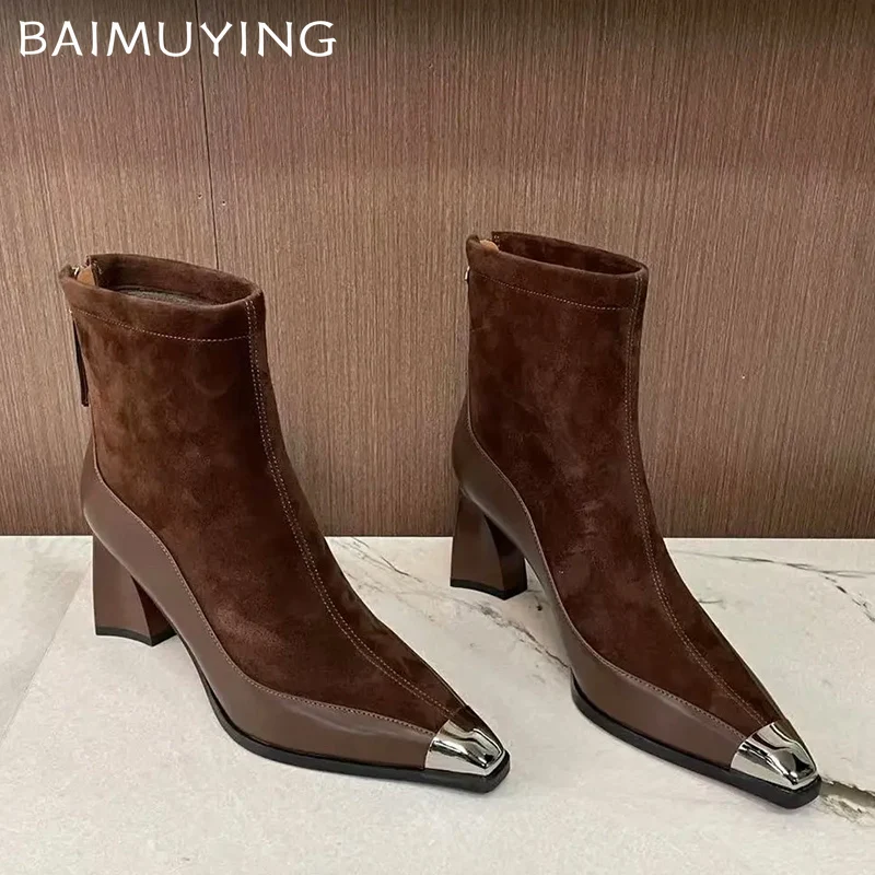 Зимние массивные женские ботильоны с острым носком модная обувь на высоком