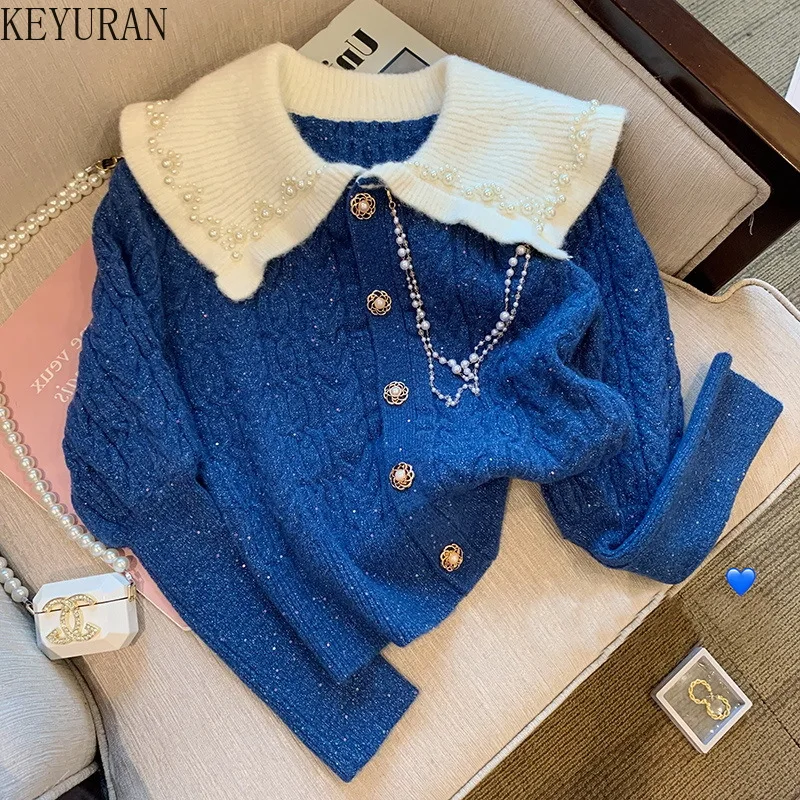 

Женский кардиган с жемчугом, синий вязаный кардиган с бисером, однобортный Кардиган в стиле Питер Пэн, корейская модная одежда для осени 2022