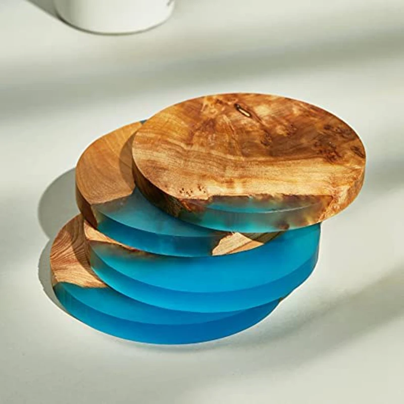 

4 Piece Wooden Coasters With Epoxy Resin Bar Coaster Blue For Drinks, Modern Coasters For Bar Kitchen Home Apartment