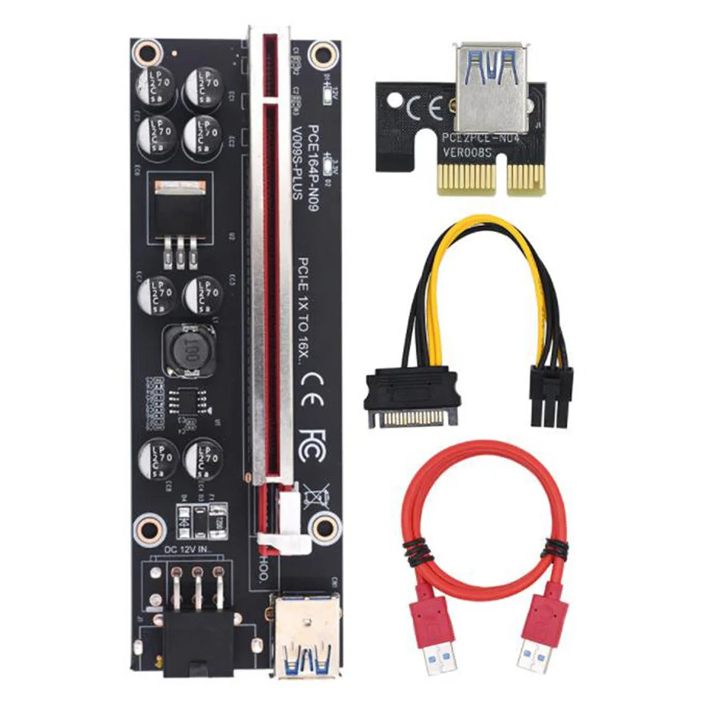 VER009S Plus PCI-E Riser Card PCI Express 1X–16X USB 3.0 Кабель SATA–6-контактный разъем для майнинга