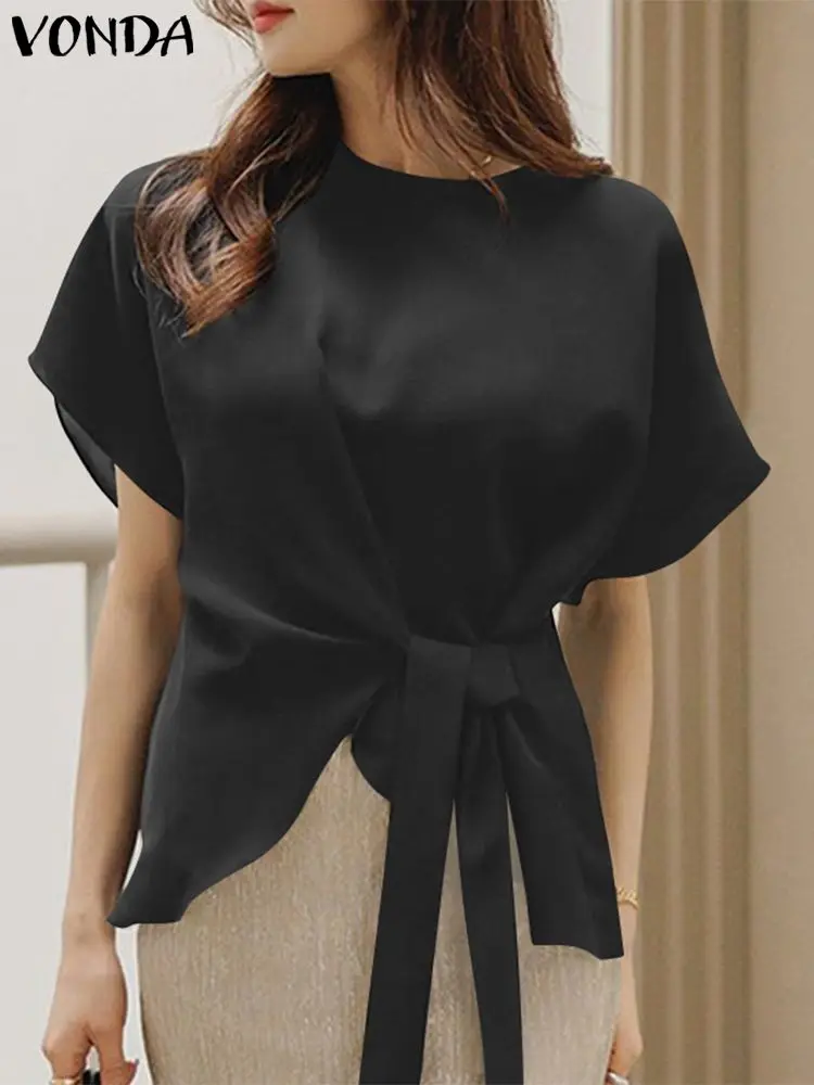 

VONDA 2022 Summer Stylish Blouse Women Short Sleeve Crew Neck Fashion Casual Female Solid Tops Bandage Tunic Street Shirt Blusas