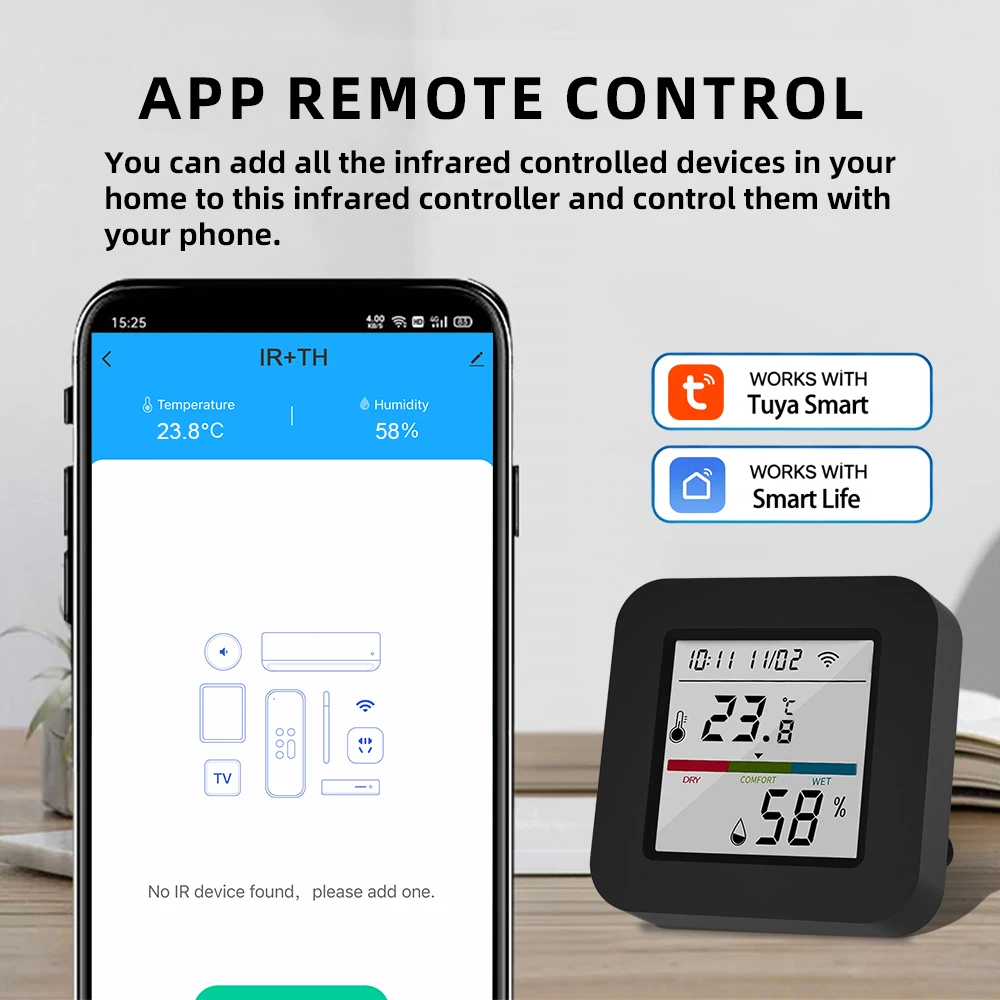 Фото Универсальный ИК-пульт Arumny Tuya Smart WiFi с ЖК-дисплеем, датчиком температуры и влажности, управлением через приложение Smart Life и голосовым управлением, совместим с Alexa и Google Home №3