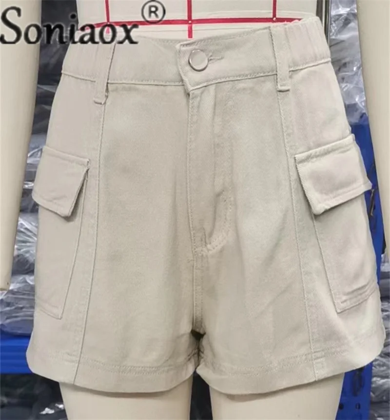 Fashion Solid Color Shorts Summer New Women's Button Splicing Pocket Three Quarter Pants Ladies Casual American Style Streetwear