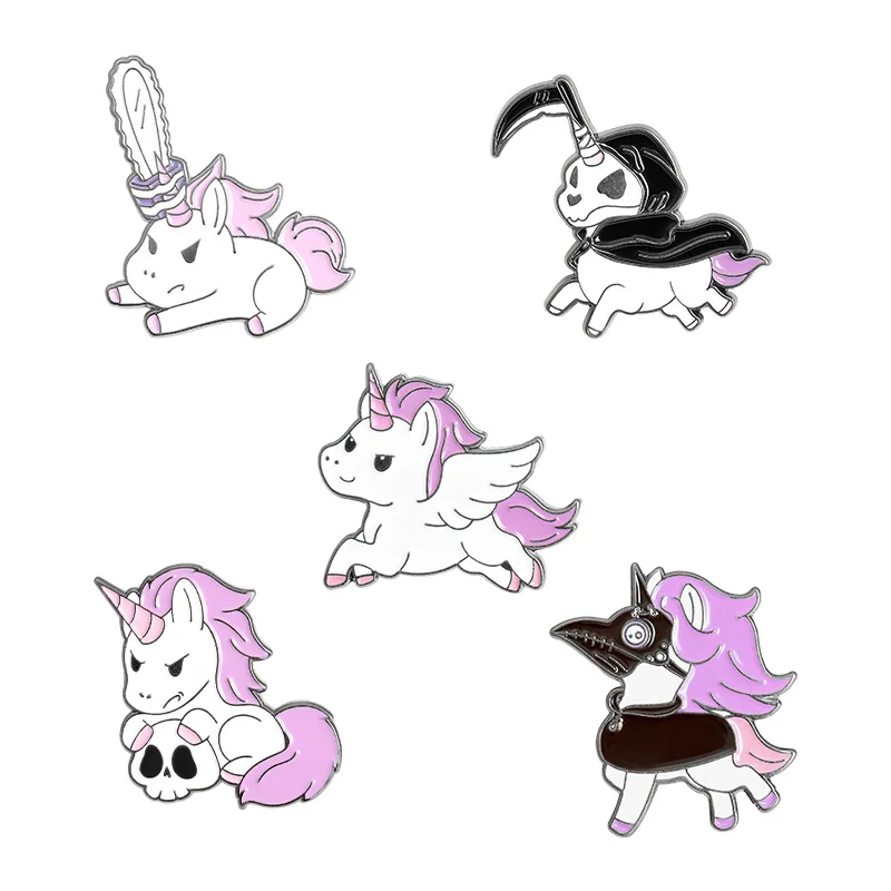 

Cute Pink Unicorn Series Brooch Cool Skull Shape Paint Clothing Enamel Pin Clothes Bag Badges Gifts for Friend Jewelry Wholesale