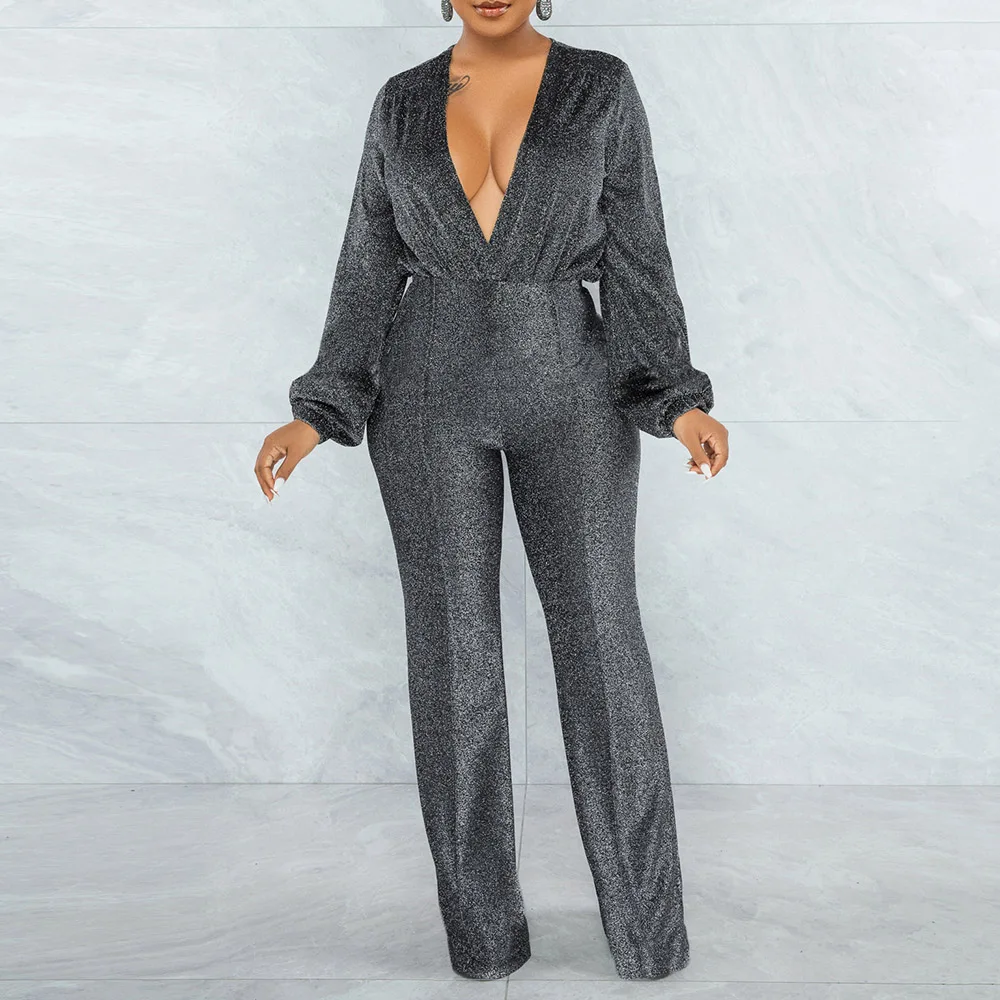 

2022 Elegance Evening Long Jumpsuit Women Solid V Neck Classy Formal Party Jumpuits Female Elegant Shiny Spring Overalls Romper