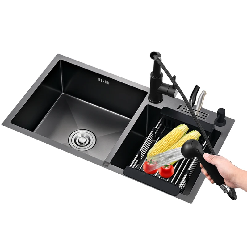 80x45cm Nano Black Double Slot Kitchen Sink Manual Dishwashing with Knife Rest 304 Thickened Stainless Steel Dish Washing Basin