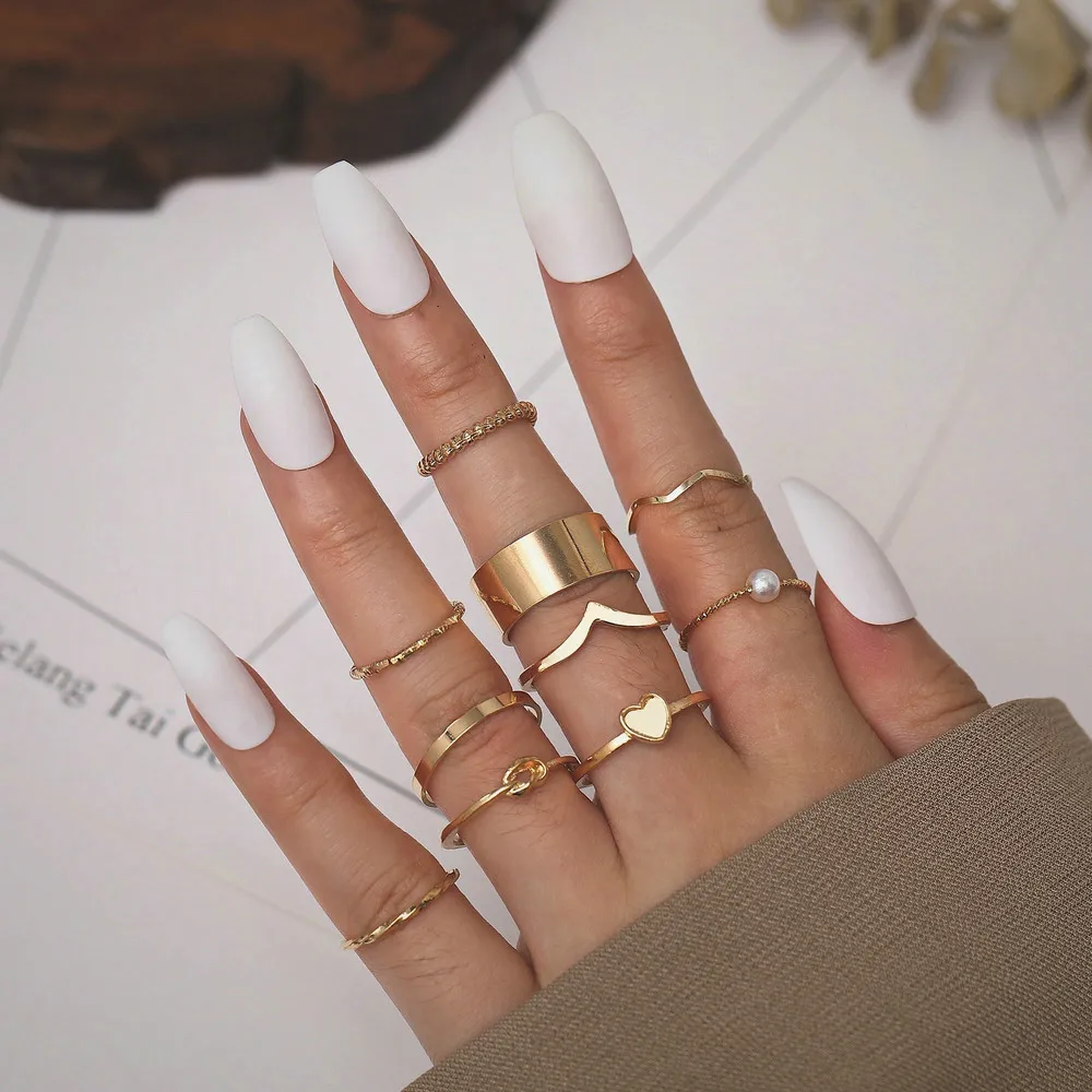 

Sheishow Fashion OL 10-Piece Set Rings for Women Alloy Combination Heart Shaped Geometry Pearl DesignTrendy Jewelry Accessories