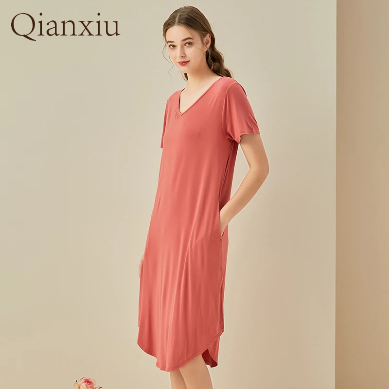 2021Women's Robe Baboo Fiber Round Collar Short Sleeve Nightdress  Ladies Sexy Sleepwear  Plus Size Pajamas Night Wear Camisola