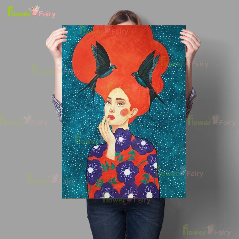 Современный постер с красочными волосами для девочек женщин цветов птиц