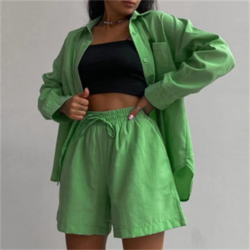 

Casual Shorts Tracksuit Long Sleeve Womens Shirts And Hot Waist Shorts 2022 Two Pieces Suits Ladies Outfits Summer Suit