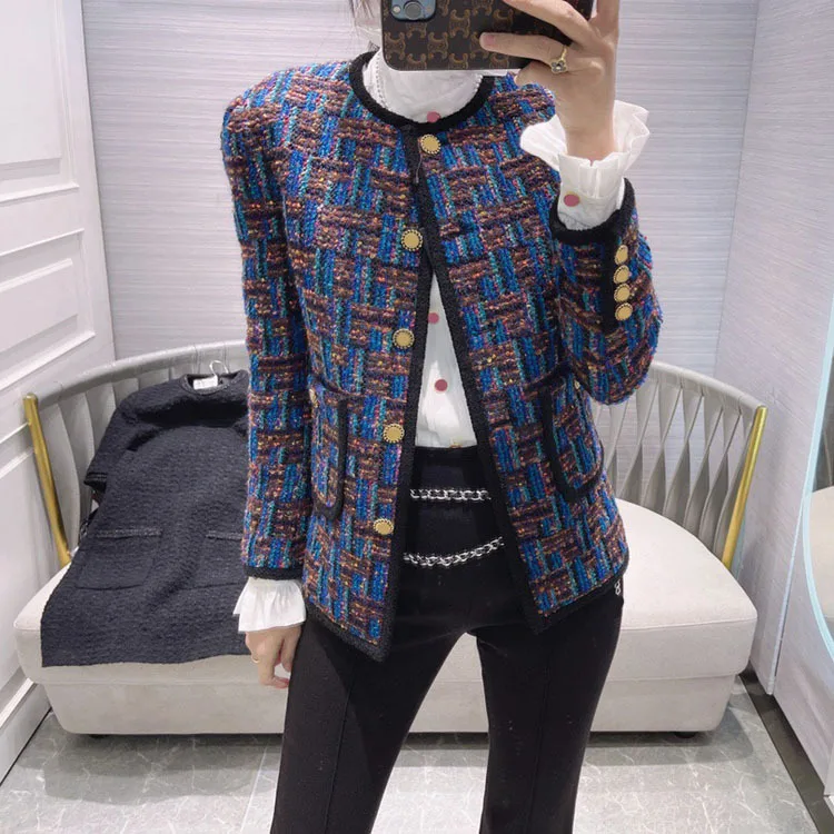 

Luxury Contrast Plaid Tweed Coat for Women Elegant Long Sleeve Coat Top Quality Wool Mohair Blends Knitted Coat Lady Winter 2021