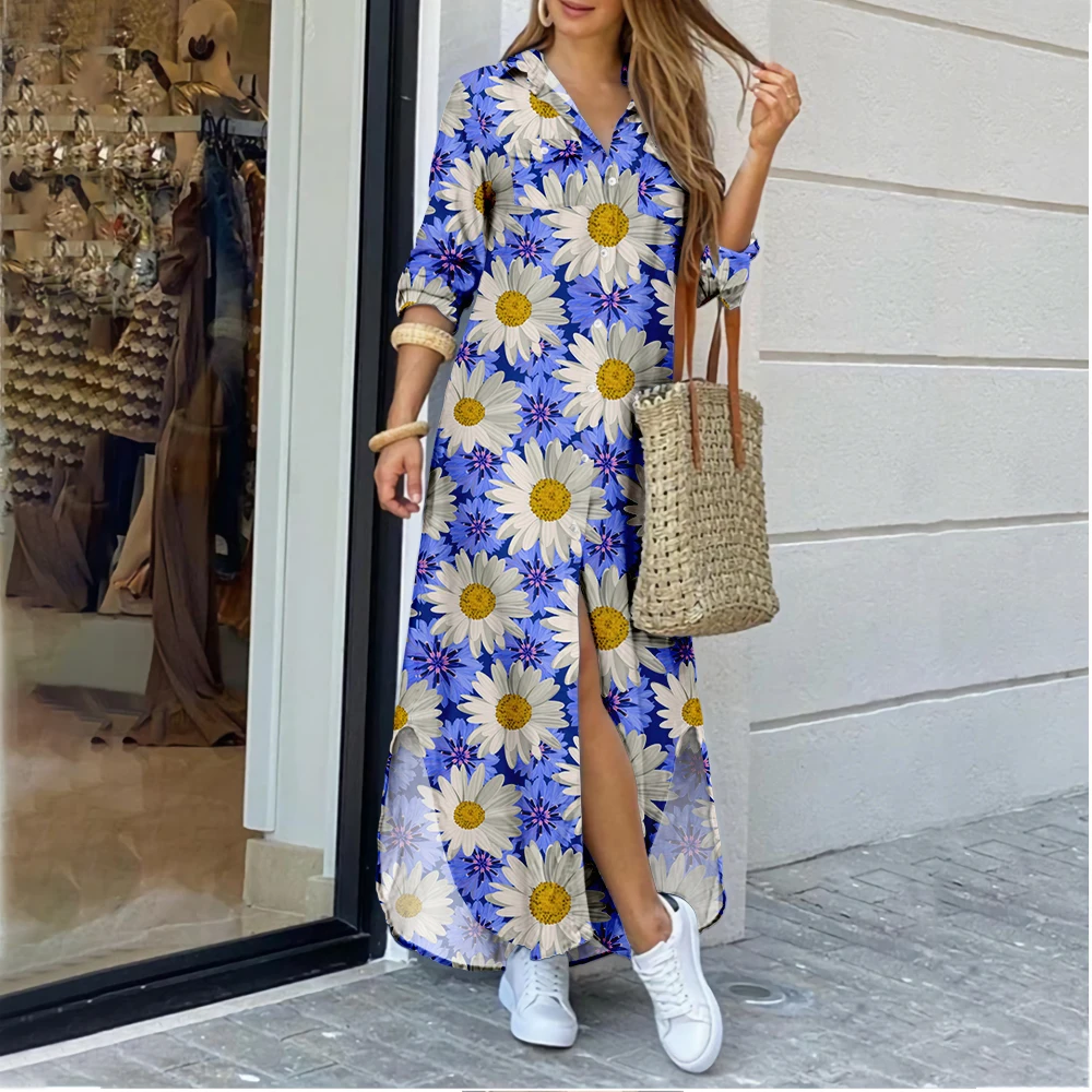 

Женское пляжное платье на пуговицах, Элегантное Длинное Платье-рубашка с длинным рукавом и цветочным принтом, платье с разрезом и лацканами...