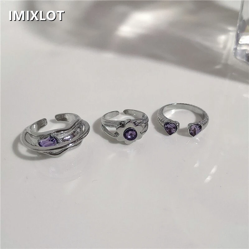 

Kpop Purple Crystal Geometric Metal Flower Heart Open Adjustable Ring For Women Vintage Grunge Aesthetic Jewelry Y2K Accessories