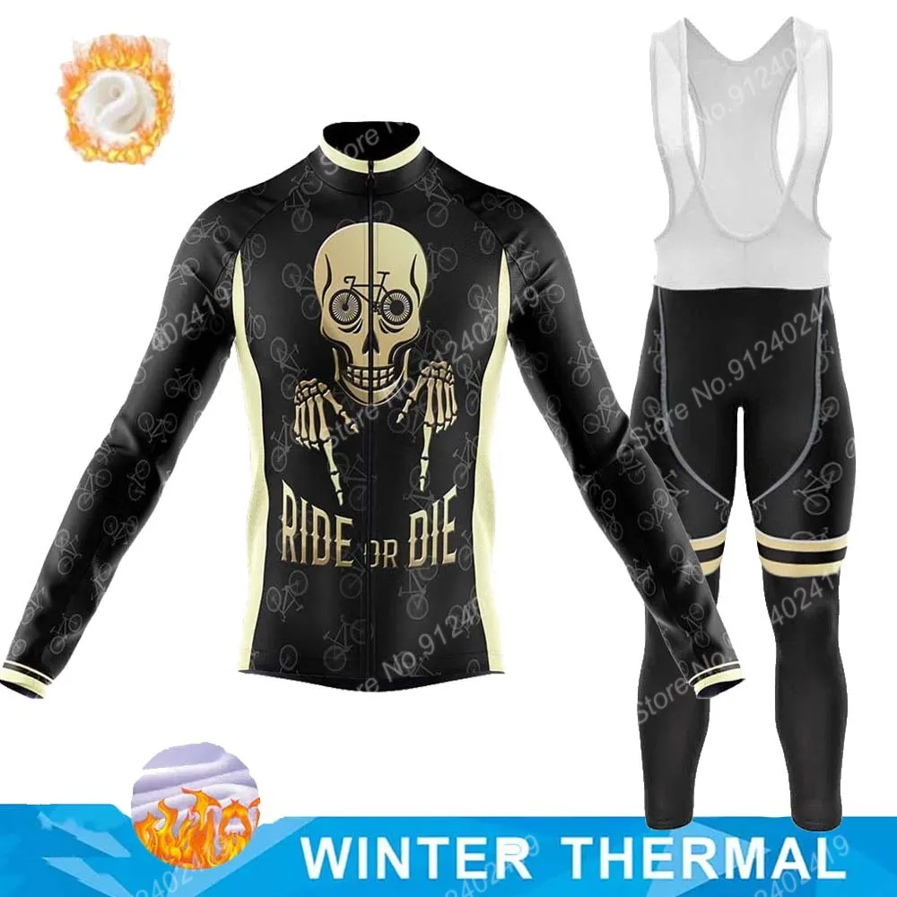 

2021 Retro Cycling Skull Ride Or Die Winter Men Cycling Jersey Set Clothing Suit Long Sleeve MTB Maillot Pants Bib Ropa Ciclismo