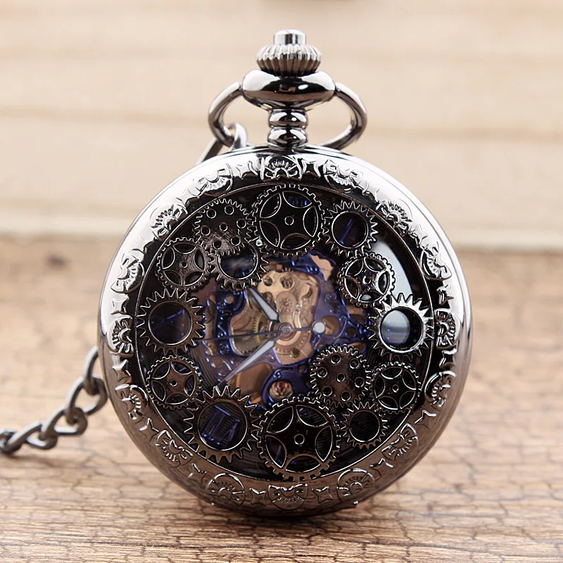 Top Luxury Gear Gun Black Mechanical Pocket Watch Retro Flip Hollow Pocket Watch Clock Timer Gifts To Lovers And Elders
