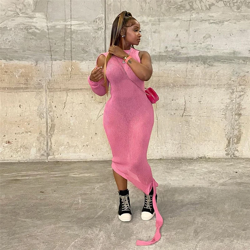 

Dress Women Y2K See Through Midi New Fashion Solid One Shoulder Body-shaping Evening Robe Party Clubwear Hipster Clothing