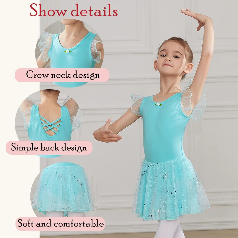 AOQUNFS Girls Ballet Skirt Dance Dress Wear Clothes for Kids Women Leotard Short Sleeve Cotton Costumes Dancing Dress with Tulle