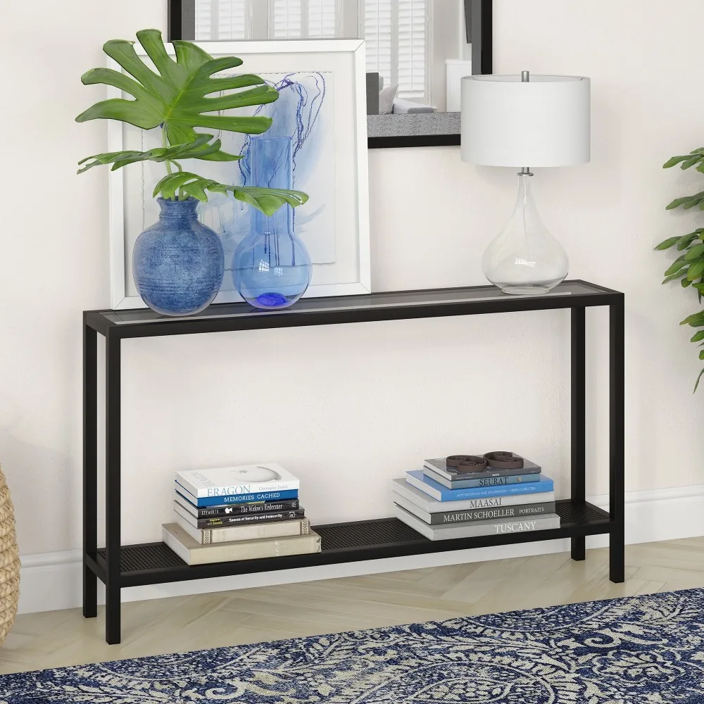 

Tempered glass top and metal mesh 55", 2-tier black copper console table