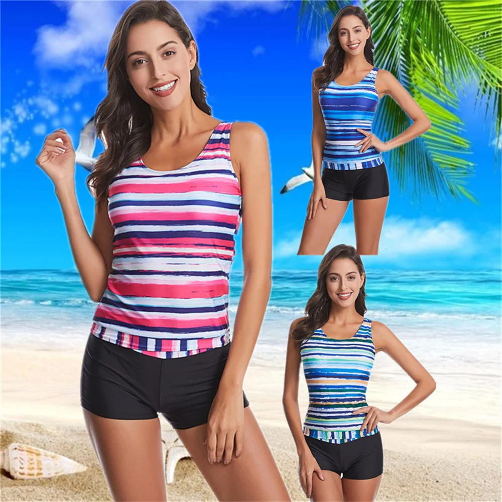 

Plus Size Two Piece Swimsuit Striped Swimwear Women Shorts Tankini Push Up Swimsuit Modest Style Bathing Suit High Waist Beach