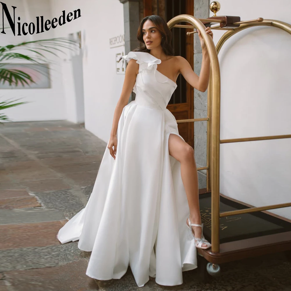 

Nicolle Slit Strapless Wedding Dresses 2023 Bride Satin One Shoulder Court Train Lace Up Backless Pleat A-LINE Robe De Mariée