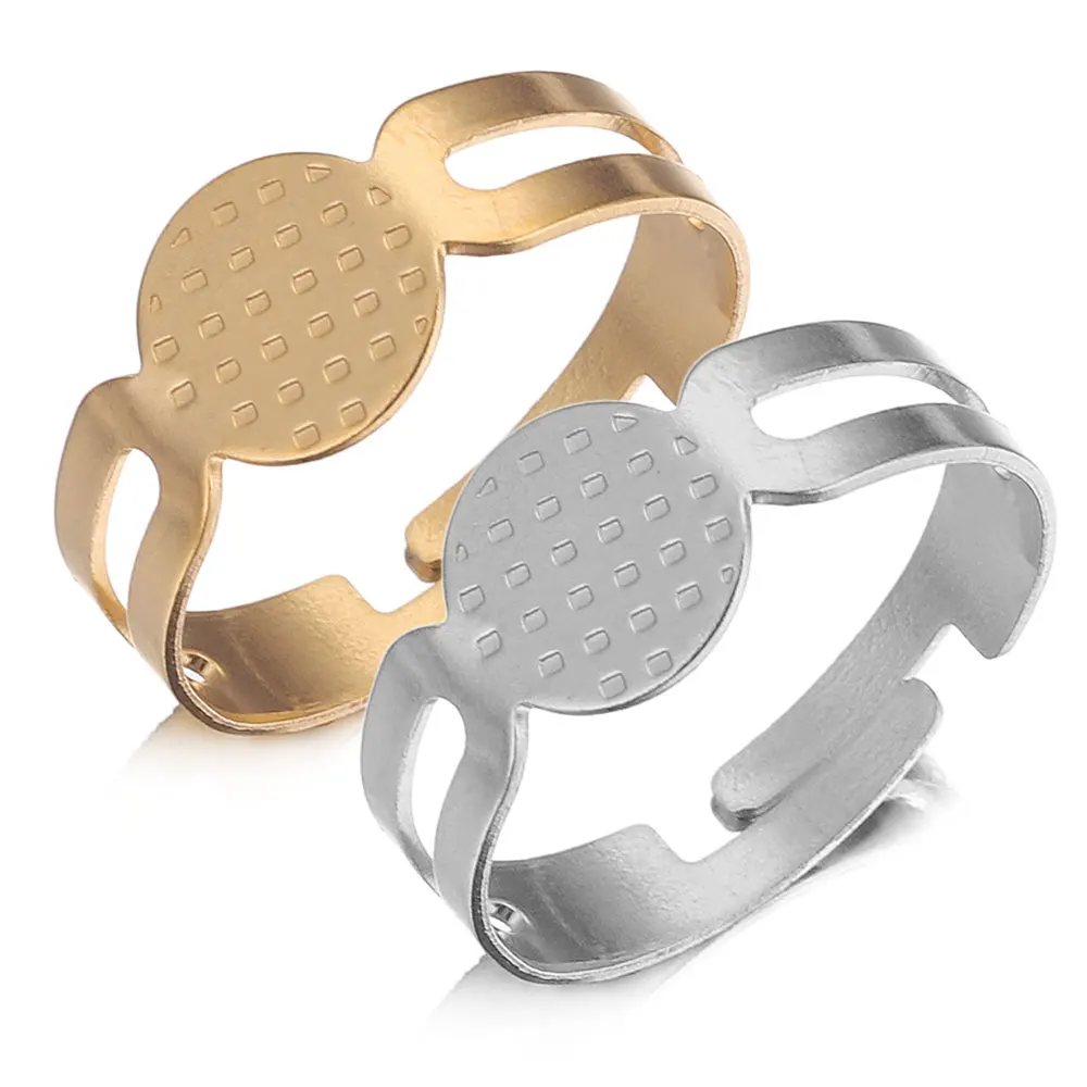 

10pcs Gold Stainless Steel Ring Base Settings Adjustable Flat Blank 8mm Glass Cabochons Ring Bezel Jewelry Making Supplies Bulk