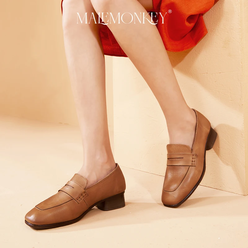 

High Quality Loafers for Women Genuine Leather 2023 Spring Office Work Slip On Square Head Flats Non slip Female Shoes Handmade