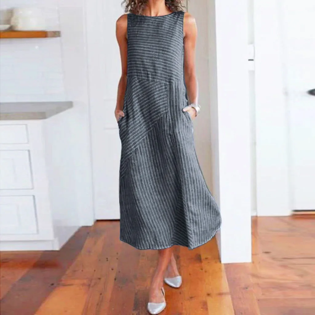 

A-Line Beach Dress Striped Print Sleeveless Dress Neck Linen Pocket Long Dress Midi-Calf Round Neck 2023